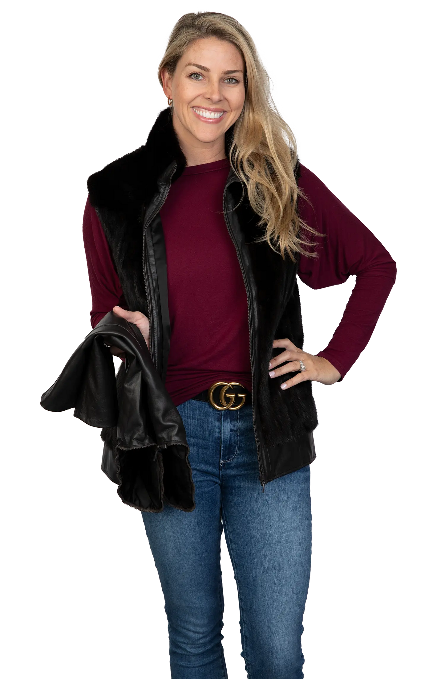 2-in-1 Jacket with Leather Border and Front Facing and Zip-In/Zip-Out Sleeves